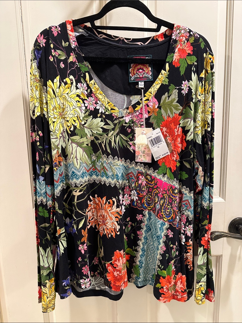 Johnny Was: designer shirt: Black Floral V-Neck Long Sleeve Tee with Multicolor